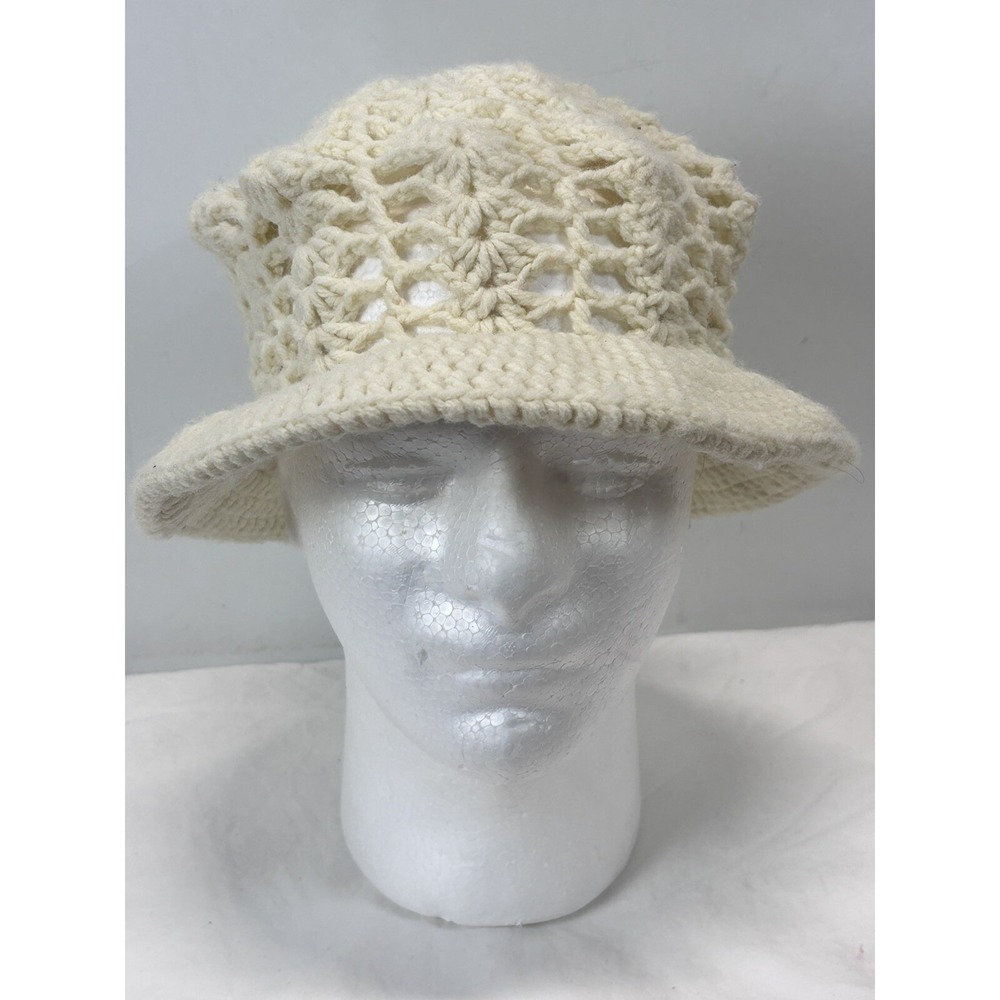 Vtg Crochet Hat Women's One Size Ivory Stretch 70s